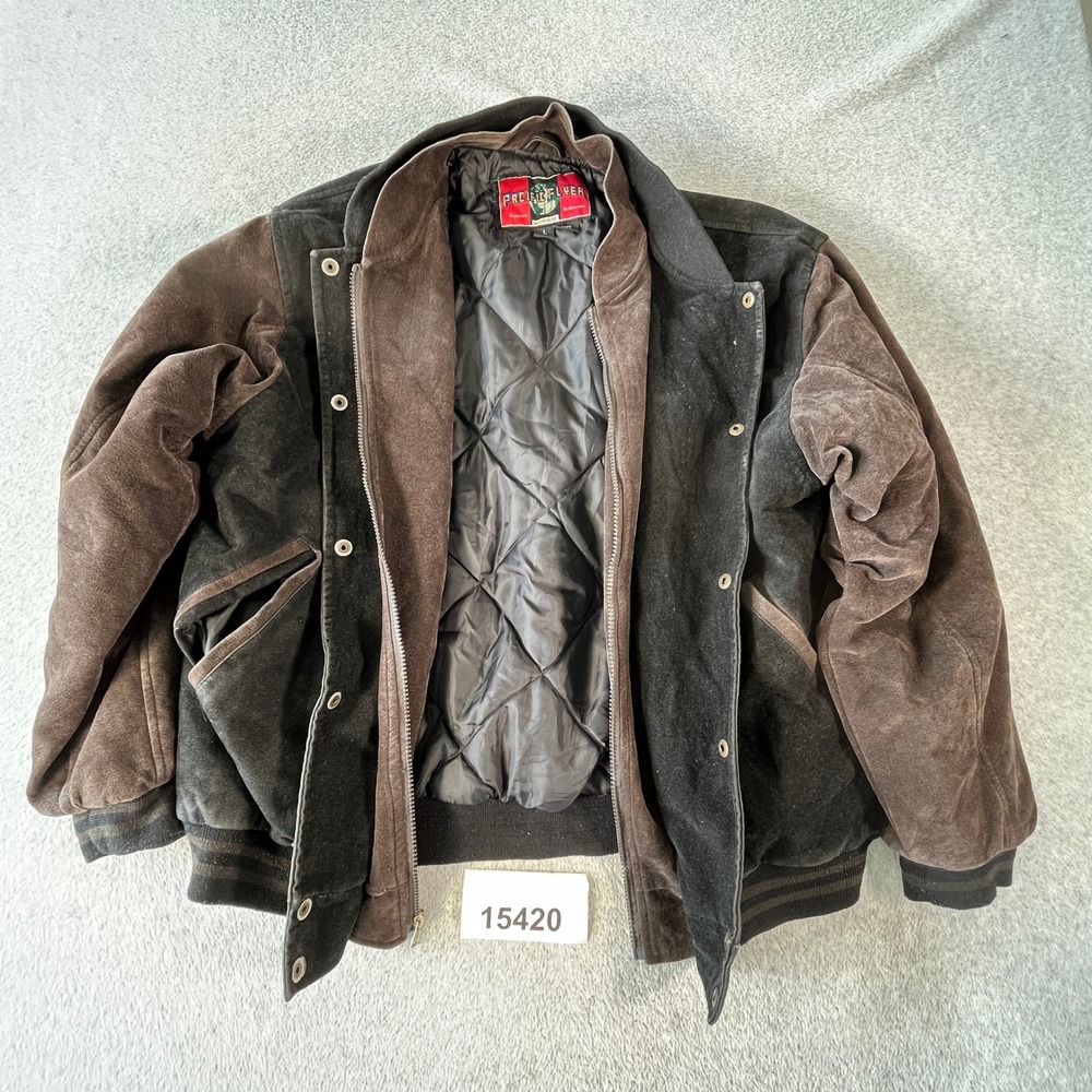 Vintage Pacific Flyer Bomber Jacket Men's L Black Brown Suede Pockets Snap Front